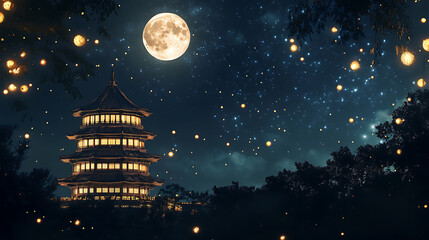 Poster - Beautiful pink flower in the garden with night sky and full moon