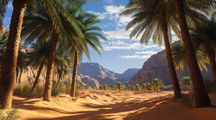 Poster - Palm trees on the heritage trail in alula oasis, alula, kingdom of saudi arabia