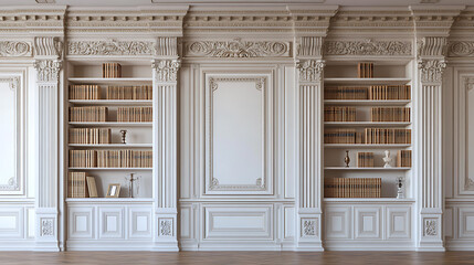 Poster - Paneling walls with moldings and cornices in classic room, interior design of neoclassical living room with bookshelves