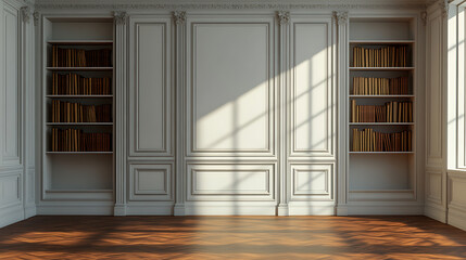 Poster - Paneling walls with moldings and cornices in classic room, interior design of neoclassical living room with bookshelves