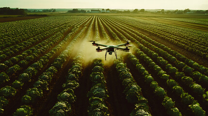 Aufkleber - Panorama agriculture drone fly to sprayed fertilizer on cabbage field, smart farmer use drone for various fields like research analysis, terrain scanning technology, smart technology concept
