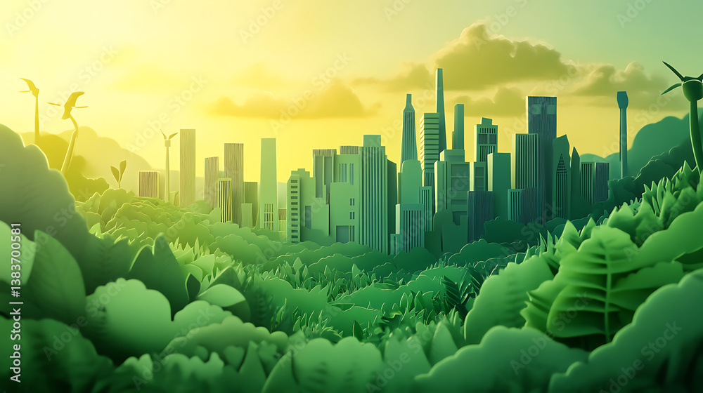 Paper cut eco city among nature, green energy concept, renewable energy ...