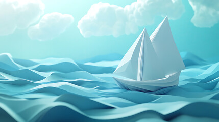 Aufkleber - Paper sailboat journey in the blue sea, paper art and digital craft style background, modern illustration