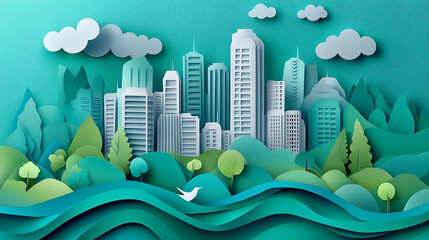 Aufkleber - Paper art style, paper cut of eco city design green energy concept and environment conservation