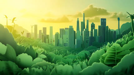 Poster - Paper cut eco city among nature, green energy concept, renewable energy by 2050, greenhouse gas emissions co2