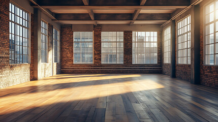 Poster - Perspective view of empty loft interior room with wooden floor and large windows