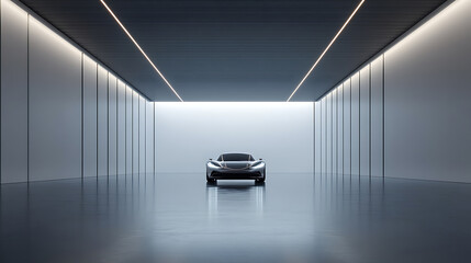 Poster - Perspective view on blank white floor with place for product or car presentation in empty room with led lights on top, 3d rendering, mock up