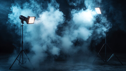 Aufkleber - Photo studio with floodlights and smoke on black background