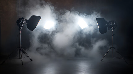 Poster - Photo studio with floodlights and smoke on black background