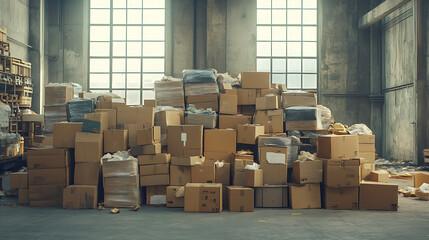 Aufkleber - Pile of brown cardboard boxes at warehouse of market, different stuff packed in carton boxes