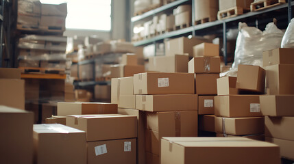 Poster - Pile of brown cardboard boxes at warehouse of market, different stuff packed in carton boxes