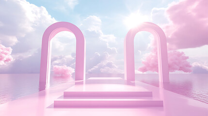 Poster - Pink rendering with podium and minimal cloud scene, minimal product display background 3d rendered geometric shape sky cloud pink pastel, podium, pedestal
