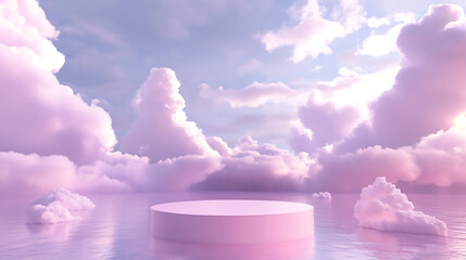 Poster - Pink rendering with podium and minimal cloud scene, minimal product display background 3d rendered geometric shape sky cloud pink pastel, podium, pedestal