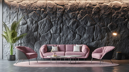 Poster - Pink sofa and chairs near decorative stone wall, interior design of modern living room