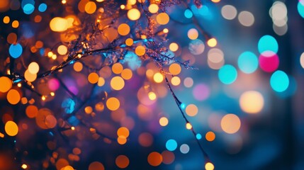 Poster - Illuminated branches with bokeh lights at night.