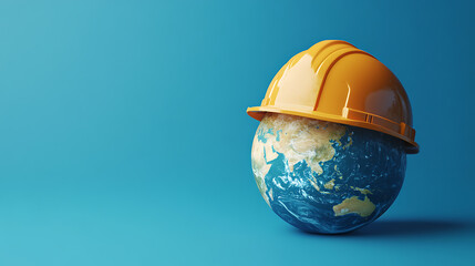 Poster - Planet earth wearing a construction helmet on a blue background