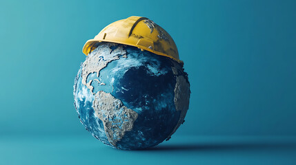 Aufkleber - Planet earth wearing a construction helmet on a blue background