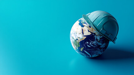 Poster - Planet earth wearing a construction helmet on a blue background
