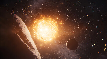 Leinwandbilder - Planets in a dark galaxy and a bright fiery explosion 3d illustration