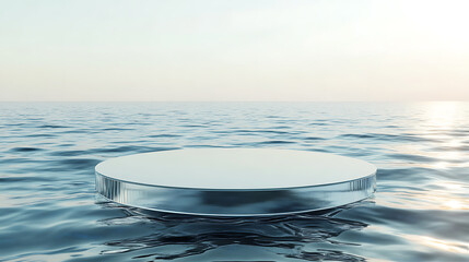 Poster - Podium on water ripples backdrop, a glass circle on the background of the sea, modern promotion mock up, high quality 3d render