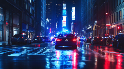 Poster - Police car on the road in the city with blue and red flashing lights, copy space
