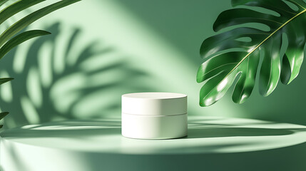 Poster - Product display podium with nature leaves on white background