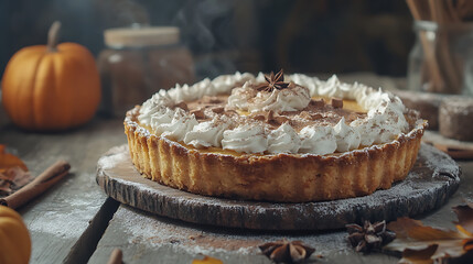 Poster - Pumpkin pie with whipped cream and cinnamon on a rustic background