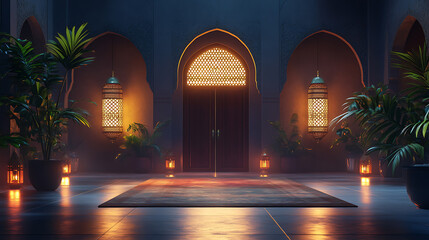 Poster - Ramadan kareem abstract islamic interior with lanterns, arches, doors and plants