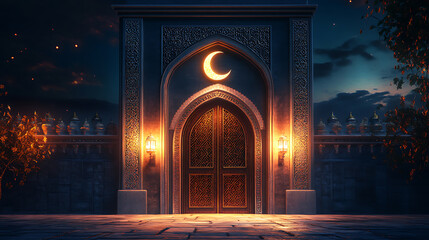 Poster - Ramadan kareem greeting card with 3d mosque door and crescent moon