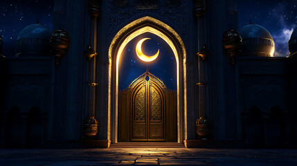 Aufkleber - Ramadan kareem greeting card with 3d mosque door and crescent moon