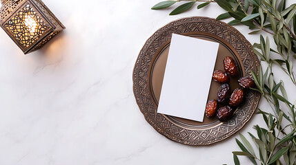 Poster - Ramadan kareem mockup, bronze plate with dates fruit, olive branches, glowing moroccan lanternand blank greeting card on white marble table, iftar dinner, eid ul adha background, flat lay, top view