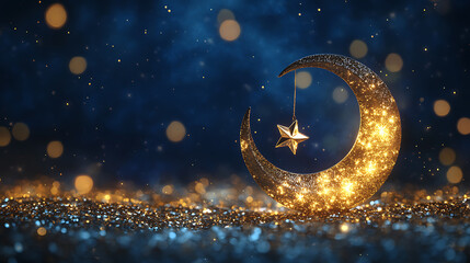 Poster - Ramadan kareemcrescent moon and star on sparkling glitter background with bokeh effect