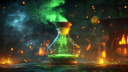 Poster - Raster illustration of a pot for brewing potions, glass flask with green smoke around it, orange lights, magic, fiction, witchcraft, witchs hut, philtre, miracle concept, 3d artwork raster background