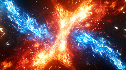 Poster - Raster illustration of abstract flashes of red and blue flames, ignition, fire element, flames, fakir, gas, gasoline, chemical experiments, futurism concept, 3d artwork rendering design