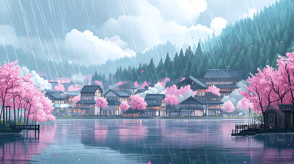Poster - raster illustration of beautiful asian settlement lying on the river, land of the rising sun, pink t