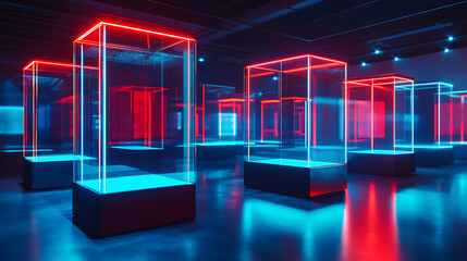 Poster - Raster illustration of luminous showcases, blue, red color, neon glow, edge lighting, mirror, exhibition, technology of the future, cyberpunk, server, parallel world