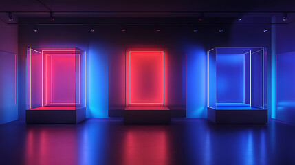 Poster - Raster illustration of luminous showcases, blue, red color, neon glow, edge lighting, mirror, exhibition, technology of the future, cyberpunk, server, parallel world