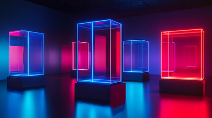 Aufkleber - Raster illustration of luminous showcases, blue, red color, neon glow, edge lighting, mirror, exhibition, technology of the future, cyberpunk, server, parallel world
