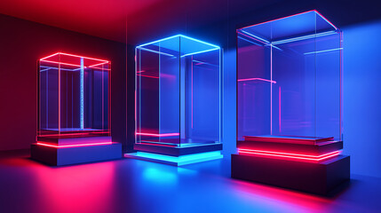 Poster - Raster illustration of luminous showcases, blue, red color, neon glow, edge lighting, mirror, exhibition, technology of the future, cyberpunk, server, parallel world