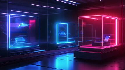 Poster - Raster illustration of luminous showcases, blue, red color, neon glow, edge lighting, mirror, exhibition, technology of the future, cyberpunk, server, parallel world