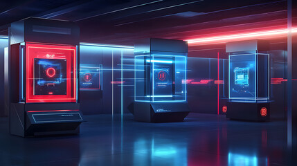Fototapete - Raster illustration of luminous showcases, blue, red color, neon glow, edge lighting, mirror, exhibition, technology of the future, cyberpunk, server, parallel world
