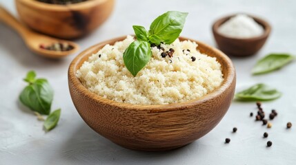 Poster - Creamy cauliflower mash in a wooden bowl, garnished with basil, peppercorns, and salt.