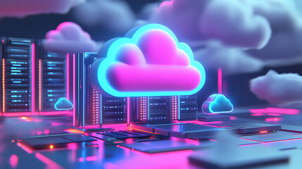 Poster - Raster illustration of remote server, cloud storage, hard disk, cyberpunk style, technology, password shelves, data transfer, data storage concept, 3d rendering raster background for business