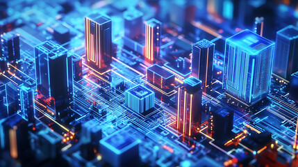 Fototapete - Raster illustration of the modern city, cyberpunk, buildings, skyscrapers, artificial intelligence, chipization, science fiction, technology, modern concept, 3d raster illustration for business
