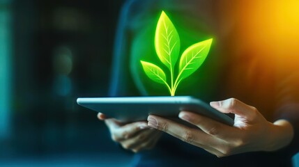 Poster - A person holds a tablet, from which green leaves grow, signifying environmental consciousness.