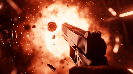 Poster - realistic flashes and explosions during the shot, clouds of pistol shot, bullet explosion, explosive
