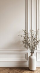 Poster - A minimalist interior showcases a sleek white vase filled with delicate dried branches, perfectly contrasting against the light-colored textured wall and wooden floor