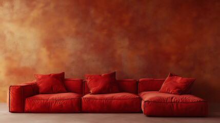 Poster - Red modular corner sofa against blank brown stucco wall with copy space, loft interior design of modern living room, home