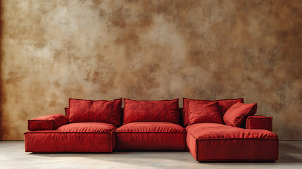 Aufkleber - Red modular corner sofa against blank brown stucco wall with copy space, loft interior design of modern living room, home