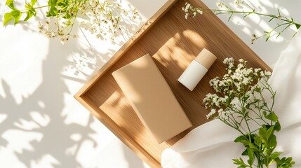 Poster - natural skincare products arranged on a wooden tray with fresh flowers in soft light creating a sere